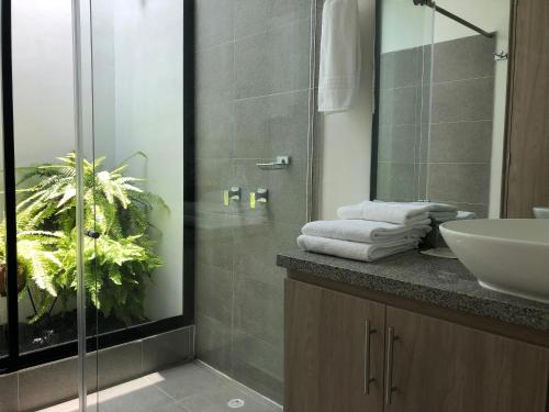 uma casa de banho com um lavatório e uma cabina de duche em vidro. em Hotel Boutique La Ceiba em Quimbaya