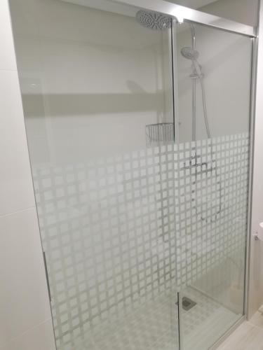 a bathroom with a shower with a glass door at Apartamentos Las Palmeras in Palma del Río