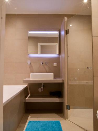 a bathroom with a sink and a shower at Appartementen de Strandloper in Bergen aan Zee
