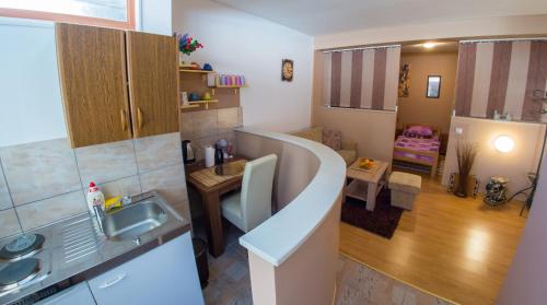 a kitchen and a living room with a sink at Apartment Elegant in Mostar