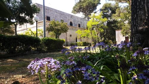 a garden with purple flowers in front of a building at Villa Sportelli - Antica Dimora in Selva di Fasano