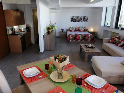 a living room with a couch and a table in a room at Spacious & Modern Studio Apartment Near the Airport in Glyka Nera