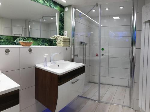 a bathroom with a sink and a shower at Ferienwohnung Baer in Hoppegarten