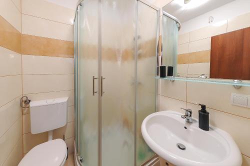Un baño con ducha, lavabo e inodoro. en Apartment Loza Pučišća, en Pučišća