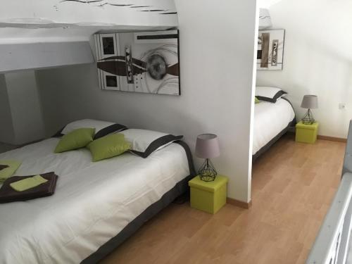 a bedroom with two beds and a mirror at Gîte avec Piscine Lou Minèstraü in Entraigues-sur-la-Sorgue