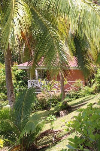 a group of palm trees in front of a house at BORA BORA HOLIDAY'S LODGE in Bora Bora