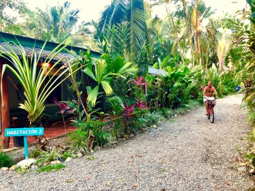 a man riding a bike down a gravel road at Tasty Dayz Hostel in Puerto Viejo