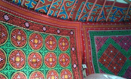 un primer plano de una manta con patrones en ella en Ger ,Bulbul Jamak travel, en Ölgiy