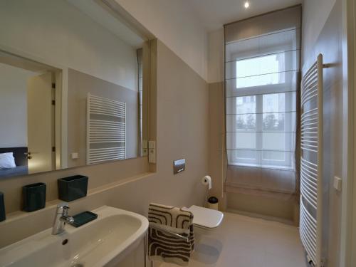 W łazience znajduje się umywalka, lustro i toaleta. w obiekcie Kolonada luxury 2 bedroom apartment Snezka w Mariańskich Łaźniach