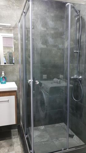 a bathroom with a shower with a toilet in it at Family Apartment in Batumi