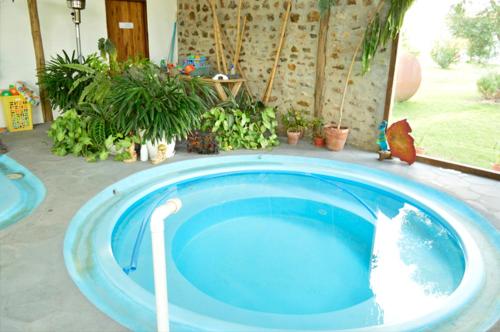 a large blue pool with a hose in a yard at Alquimia Posada in Guichón