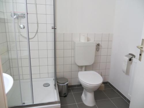 a bathroom with a toilet and a shower at Brahms 25 in Regensburg