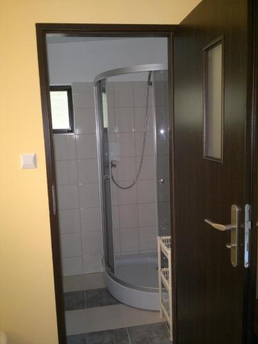 a bathroom with a shower with a glass door at ZAKĄTEK ADELI in Mikoszewo
