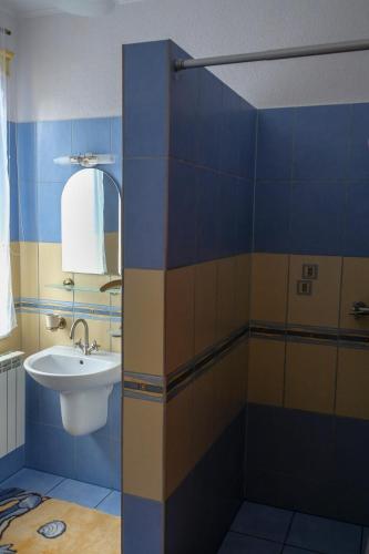 a bathroom with a sink and a shower at Agroturystyka Ranczo in Wünschelburg