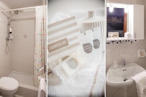 two pictures of a bathroom with a toilet and a sink at Hotel Gilda in Laigueglia