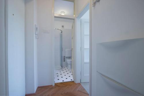 y baño blanco con ducha y aseo. en Apartment Cankar, en Pula