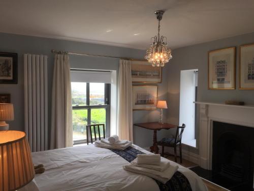a bedroom with a bed with a fireplace and a window at Farmhouse Boutique in Ballyheigue