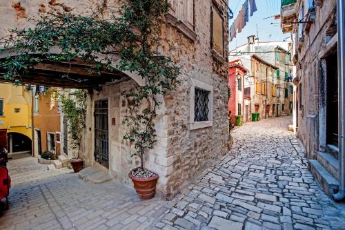 an alley in an old stone building with plants at Guest house SOTTO I VOLTI Centro Storico in Rovinj
