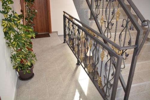 a staircase with a wrought iron railing and potted plants at Apartmani Gaga in Tivat