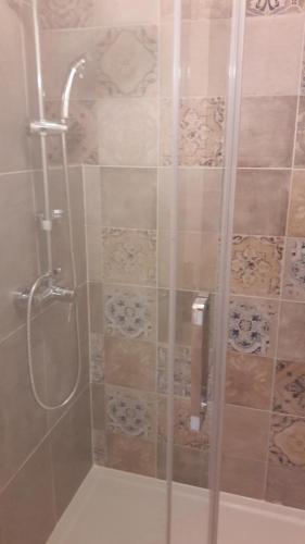 une douche avec une porte vitrée dans une salle de bain dans l'établissement Maison 2 chambres, cosy, proche Métro, à Toulouse