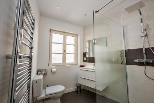 La salle de bains est pourvue de toilettes et d'une douche en verre. dans l'établissement Le Saint-Aignan, Nuits-chartraines, Parking privé a quelques minutes, 3 étoiles, à Chartres