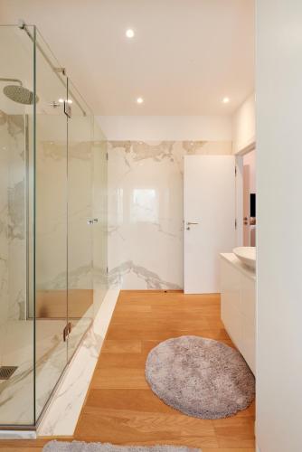 a bathroom with a glass shower and a rug at CityStudios in Luxembourg