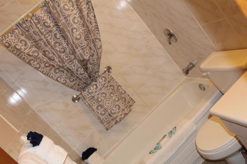 łazienka z wanną, toaletą i zasłoną prysznicową w obiekcie Shenstone Motor Inn and Restaurant w mieście Wiarton