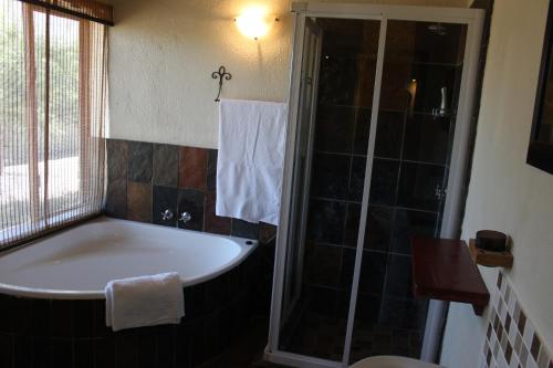 a bathroom with a bath tub and a shower at Woodpecker Lodge B&B in Hoedspruit