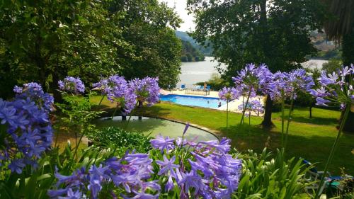 um jardim com flores roxas e uma piscina em Quinta da Ermida - Turismo de Habitacao em Baião
