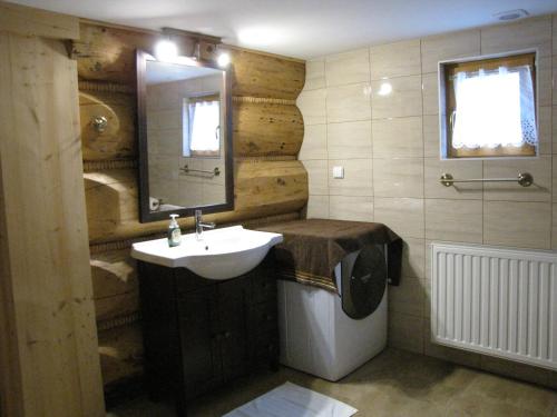 a bathroom with a sink and a mirror at BoBak noclegi in Chochołów