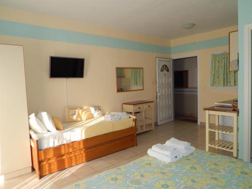 a bedroom with a bed and a tv on the wall at Palmina Mare Villa and Studios in Paralia Vrachou