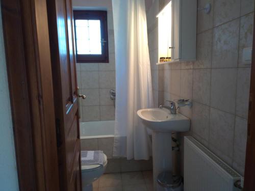 ein Badezimmer mit einem Waschbecken, einem WC und einem Spiegel in der Unterkunft Giordani Guesthouse in Tsagkarada
