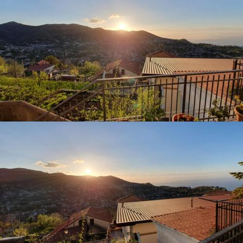 two pictures of the sun setting over a mountain at Valle degli Dei in Agerola