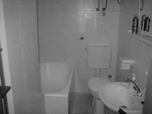 a white bathroom with a toilet and a sink at Mendula Apartment in Rogač
