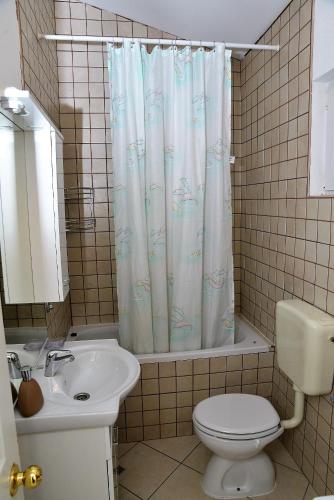 a bathroom with a toilet sink and a shower curtain at Apartments Anamarija in Makarska
