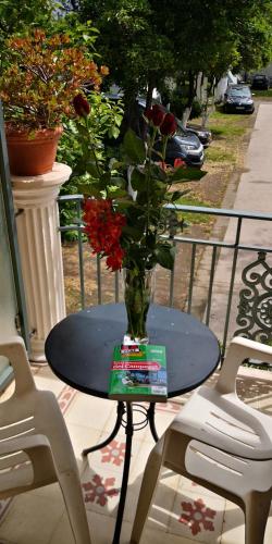 a vase of flowers on a table with two chairs at Villaggio "Camping Pompei" Bungalow in Pompei