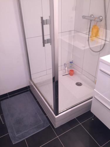 una doccia con porta in vetro in bagno di APPART 2 PIECES 50M2 COURBEVOIE / LA DEFENSE a Courbevoie