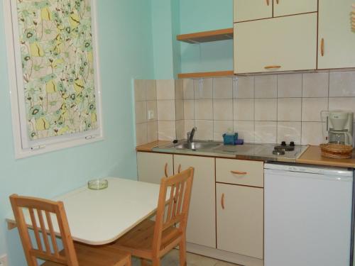 a kitchen with a table and chairs and a sink at Palmina Mare Villa and Studios in Paralia Vrachou