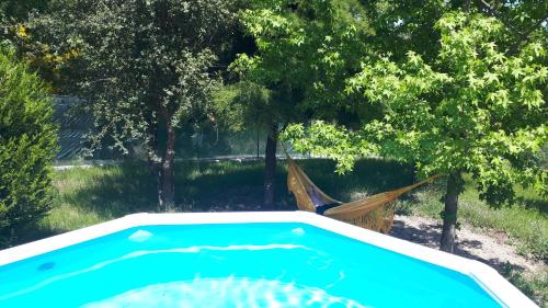 a hammock and a swimming pool in a yard with trees at Casinha do Cedro in Baião