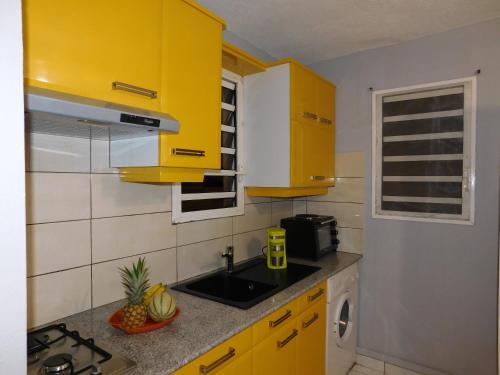 a small kitchen with yellow cabinets and a sink at ixora in Sainte-Anne