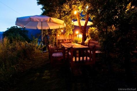 a table with an umbrella and chairs under a tree at La Grande Maison in Savièse
