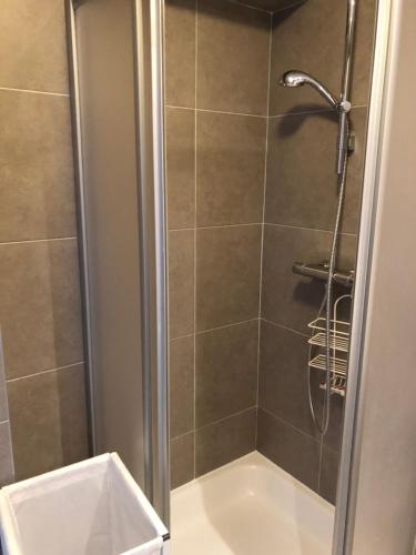 een badkamer met een douche, een toilet en een wastafel bij Residentie Kapelhof in Koksijde