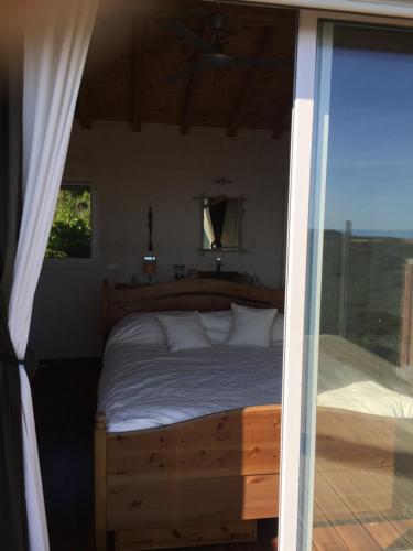イル・ドゥ・ルヴァンにあるLes Marecottes grande maison tout confort avec vue panoramiqueのベッドルーム1室(ベッド1台、ガラス窓付)