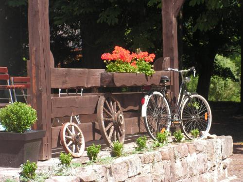 a bike parked next to a wooden cart with flowers at Hotel Sternen in Lenzkirch