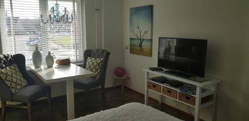a living room with a television and a table with chairs at Huize de Weijde Blick in Wijk aan Zee