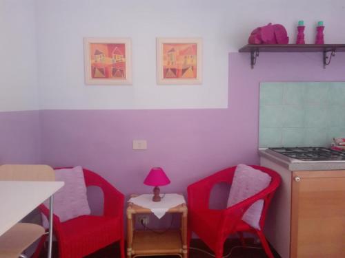 a kitchen with red chairs and a table with a lamp at Al Giardino Di Alice in Perugia