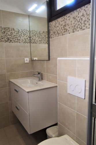 une salle de bain avec un lavabo, des toilettes et un miroir dans l'établissement le relais de tiuccia, à Casaglione