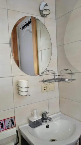 a bathroom with a sink and a mirror at Baltic Dream Vasarnamiai in Šventoji