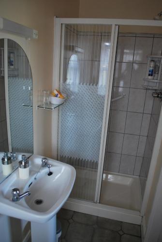 a bathroom with a sink and a shower at Cúl Draíochta B&B in Cahersiveen