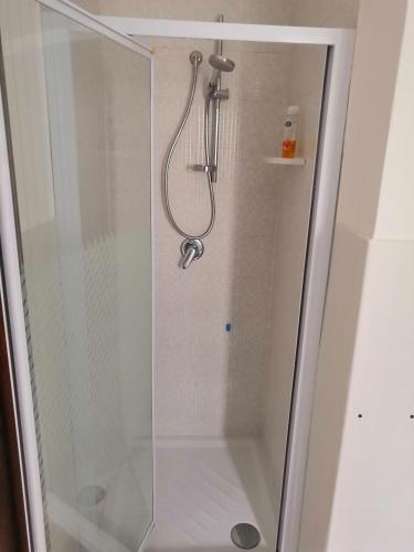 a shower with a glass door and a shower head at B&B La Casetta in Bolognano